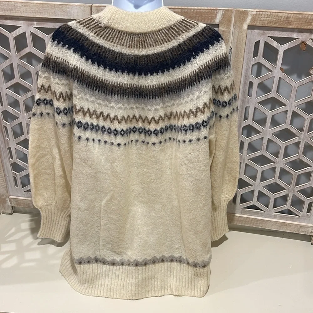 J Crew Fair Isle Yoke Puff Sleeve Sweater Women's M Cream Wool Alpaca Casual ✨